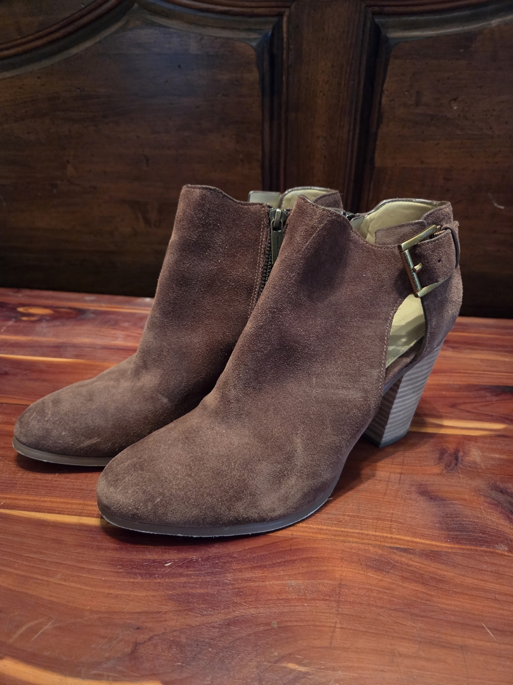Michael Kors Chocolate Brown Suede Cutout Ankle Booties with Buckle